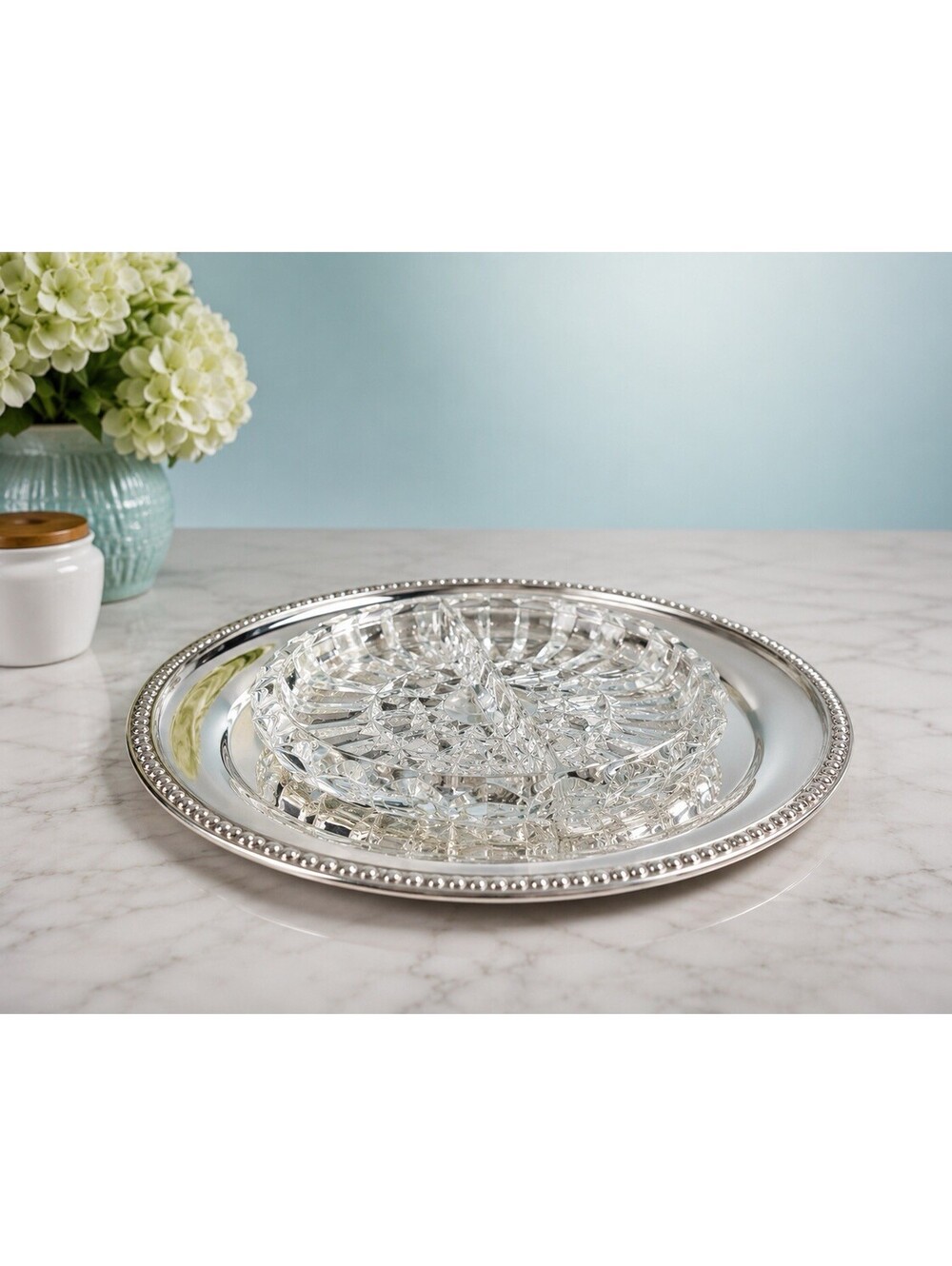 WM Rogers 1960s Silverplate Serving Tray Relish Glass Insert, 10”